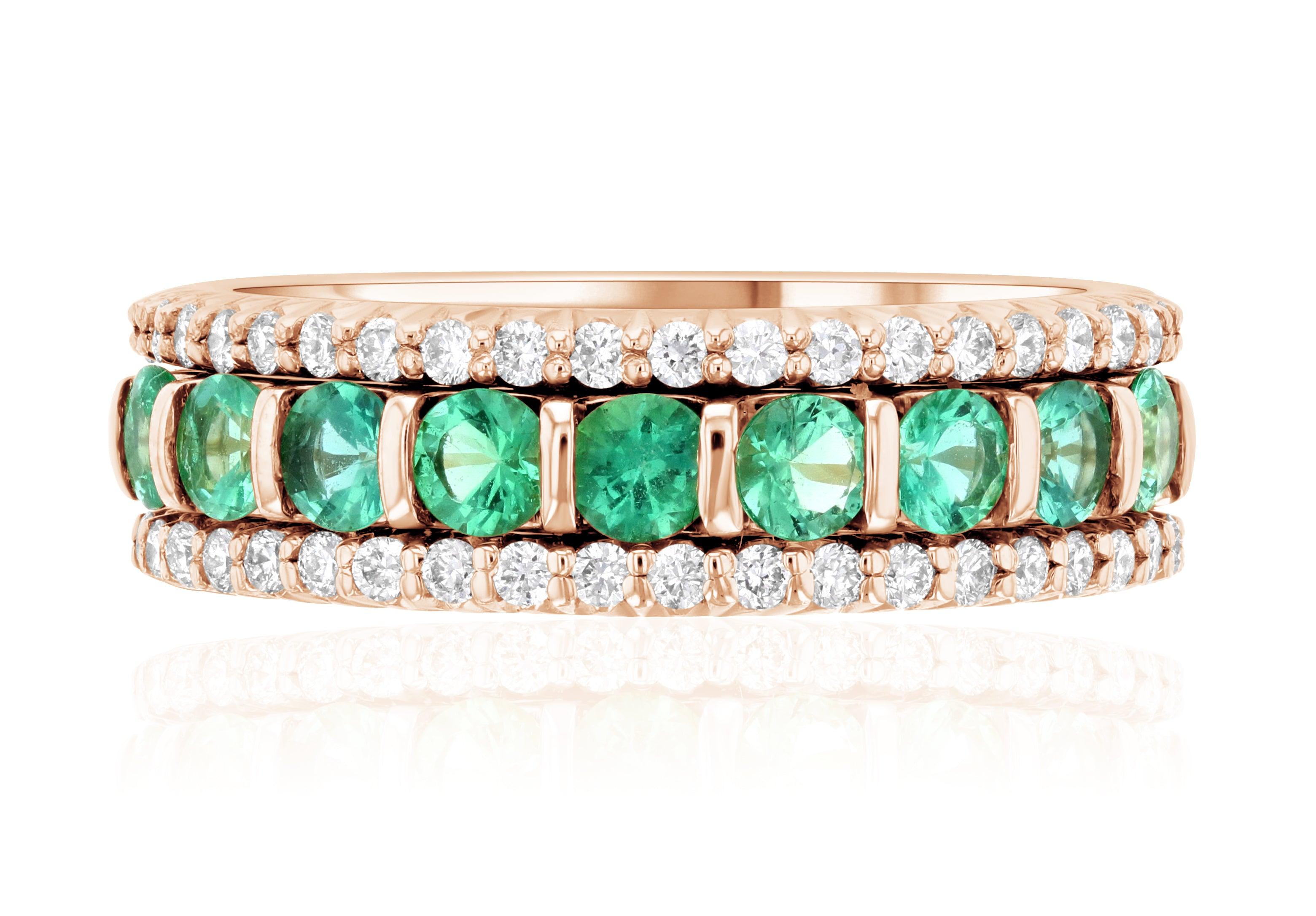 Three-Row Shared Prong Diamond and Emerald Anniversary Ring (1.12 ct. tw.) - The Brothers Jewelry Co.