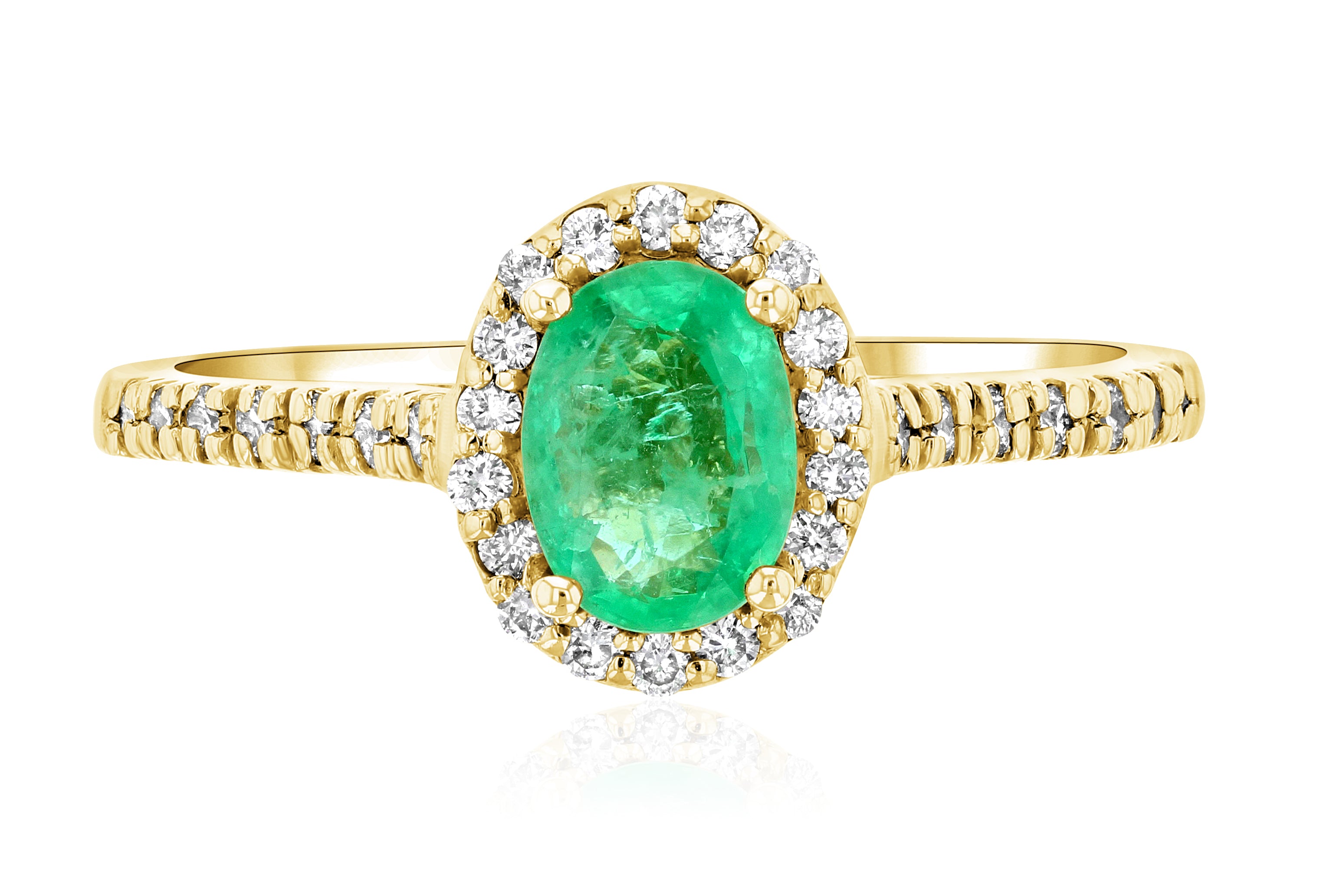 Oval Emerald and Diamond Halo Engagement Ring in 14k Yellow Gold