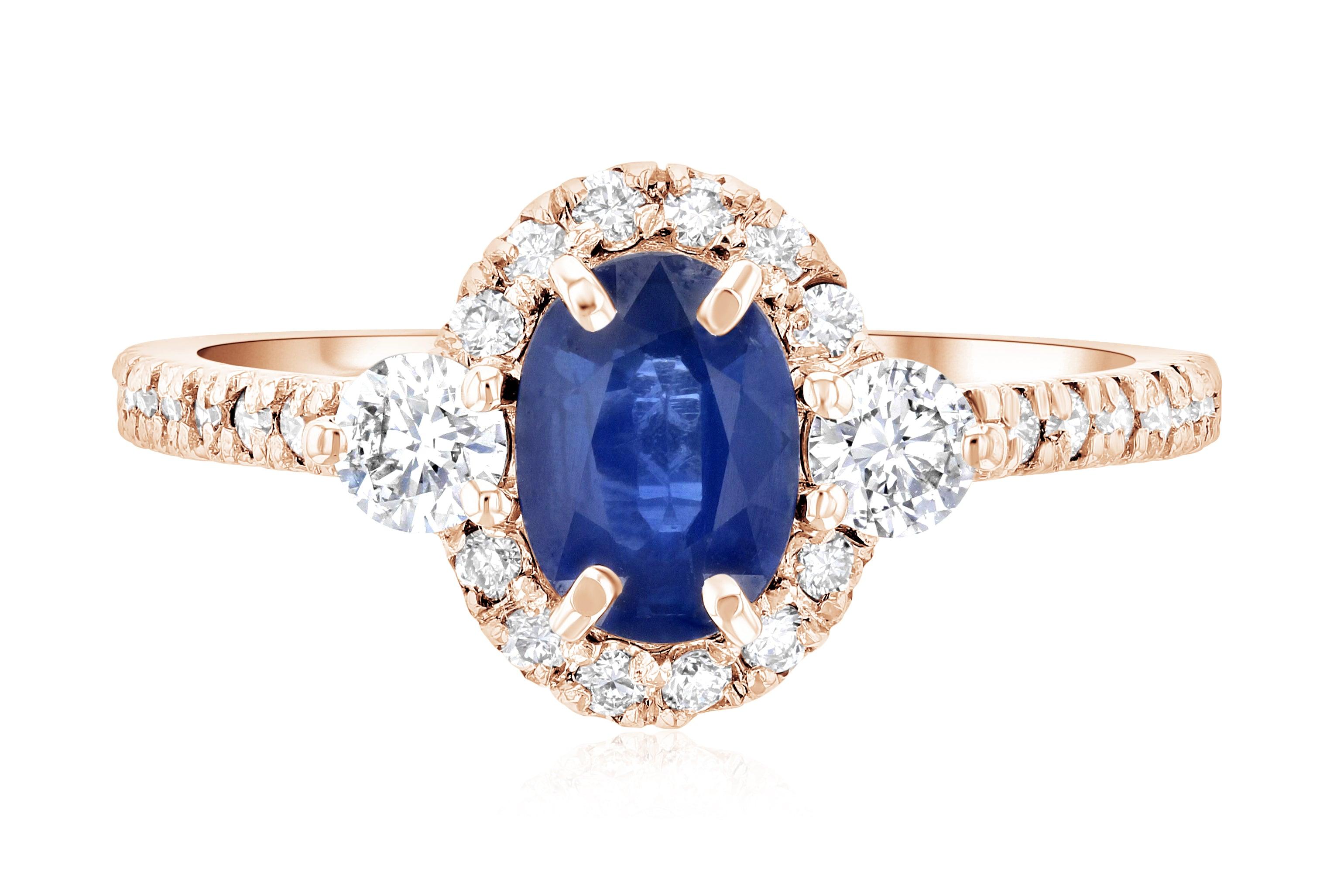 Sapphire Oval Diamond Halo Engagement Ring (1.60 ct. tw.) - The Brothers Jewelry Co.