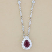 Burma Ruby and Diamond Pear Halo Pendant Diamonds by the Yard Necklace in 18k White Gold