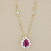 Burma Ruby and Diamond Pear Halo Pendant Diamonds by the Yard Necklace in 18k Yellow Gold