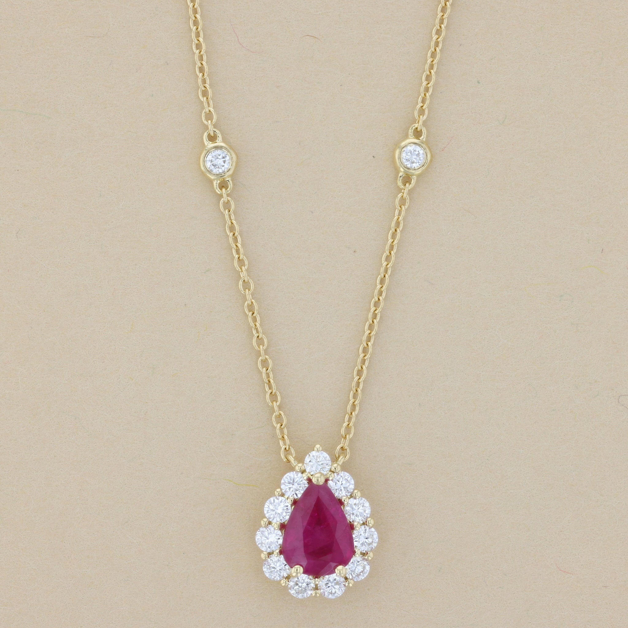 Burma Ruby and Diamond Pear Halo Pendant Diamonds by the Yard Necklace in 18k Yellow Gold