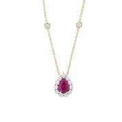 Burma Ruby and Diamond Pear Halo Pendant Diamonds by the Yard Necklace in 18k Yellow Gold