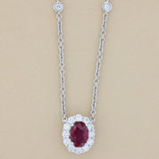 Burma Ruby and Diamond Oval Halo Pendant Diamonds by the Yard Necklace in 18k White Gold