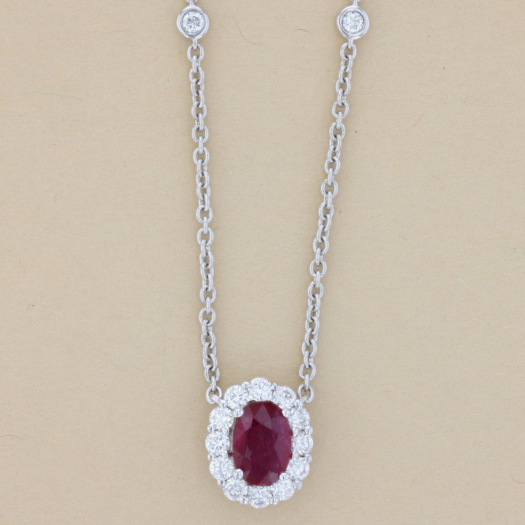 Burma Ruby and Diamond Oval Halo Pendant Diamonds by the Yard Necklace in 18k White Gold