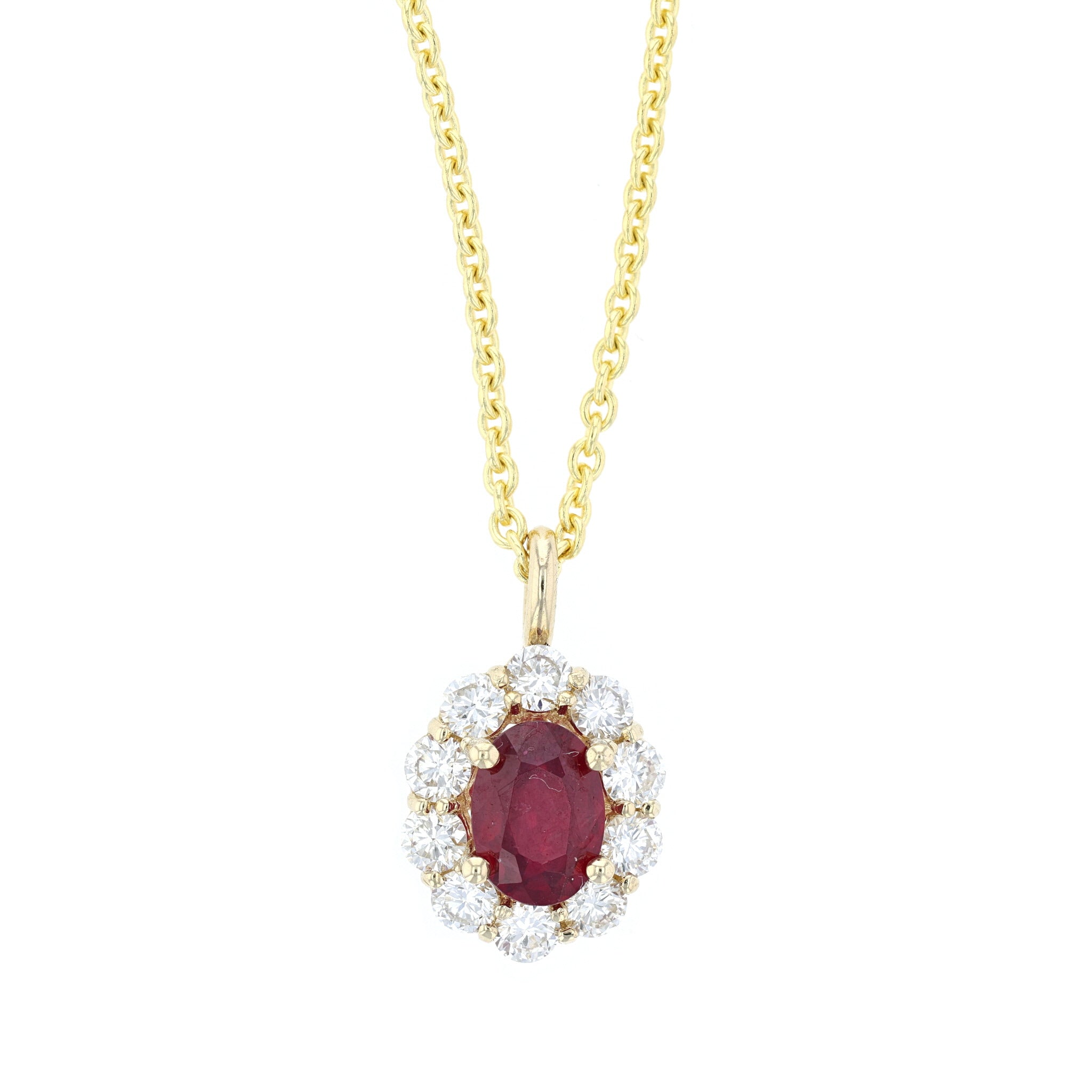 Ruby and Diamond Halo Pendant Necklace in 14k Yellow Gold