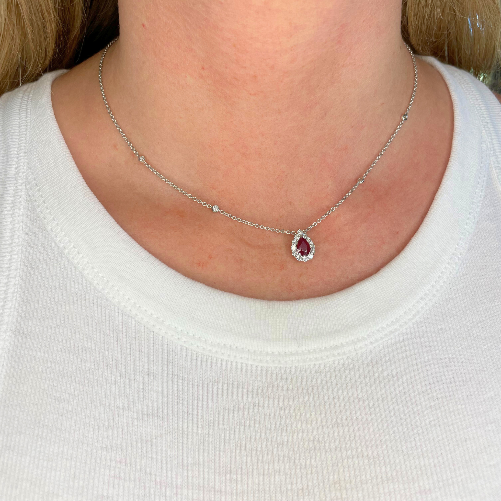 Burma Ruby and Diamond Pear Halo Pendant Diamonds by the Yard Necklace in 18k White Gold