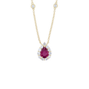 Burma Ruby and Diamond Pear Halo Pendant Diamonds by the Yard Necklace in 18k Gold