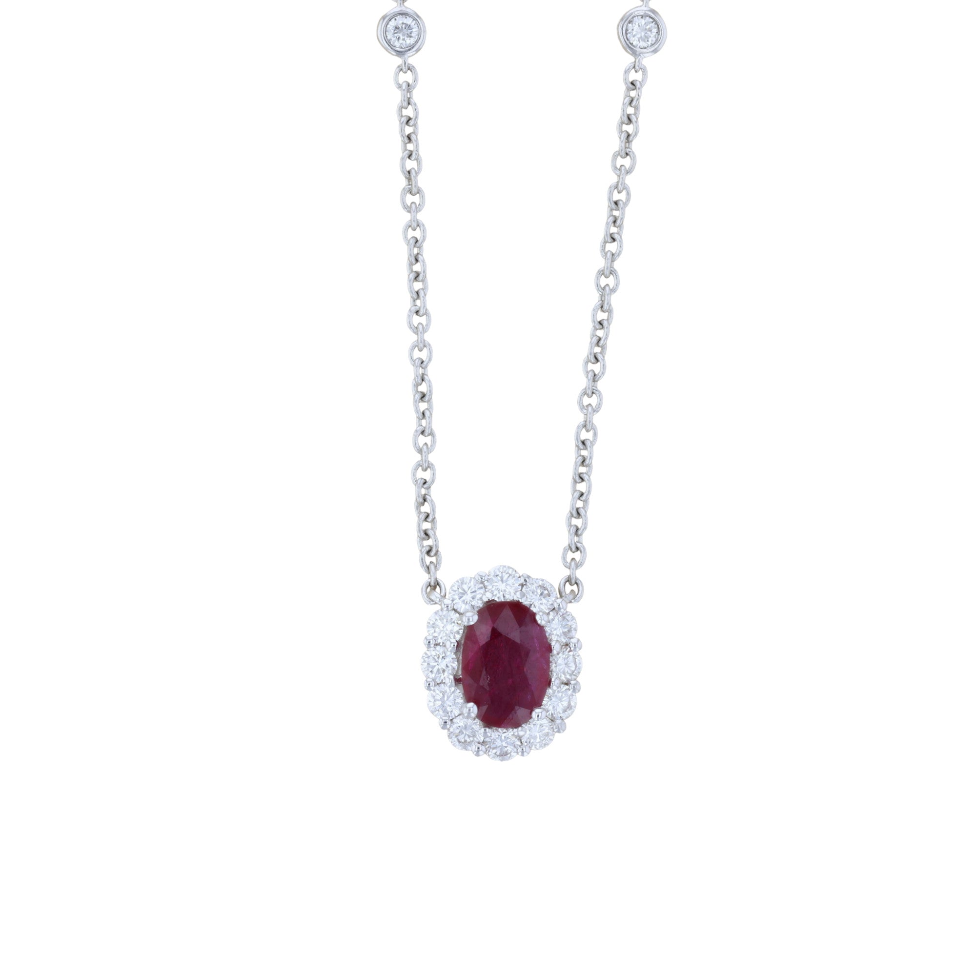 Burma Ruby and Diamond Oval Halo Pendant Diamonds by the Yard Necklace in 18k White Gold - Iris + Mill