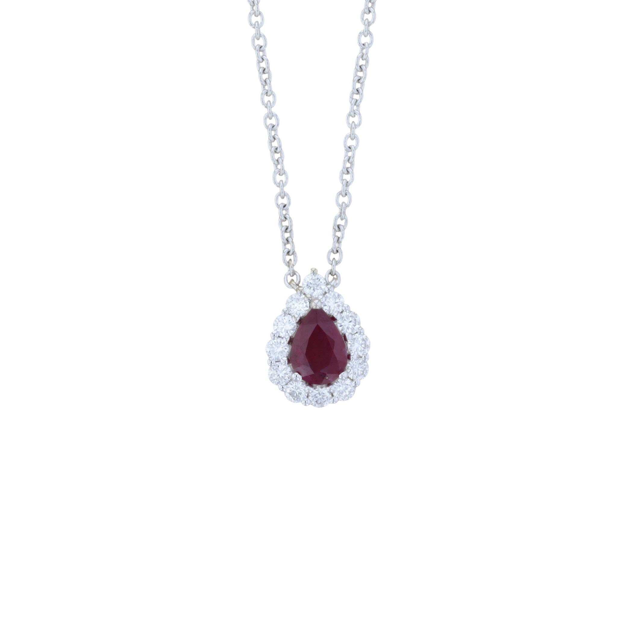 Burma Ruby and Diamond Pear Halo Pendant Diamonds by the Yard Necklace in 18k Gold - Iris + Mill