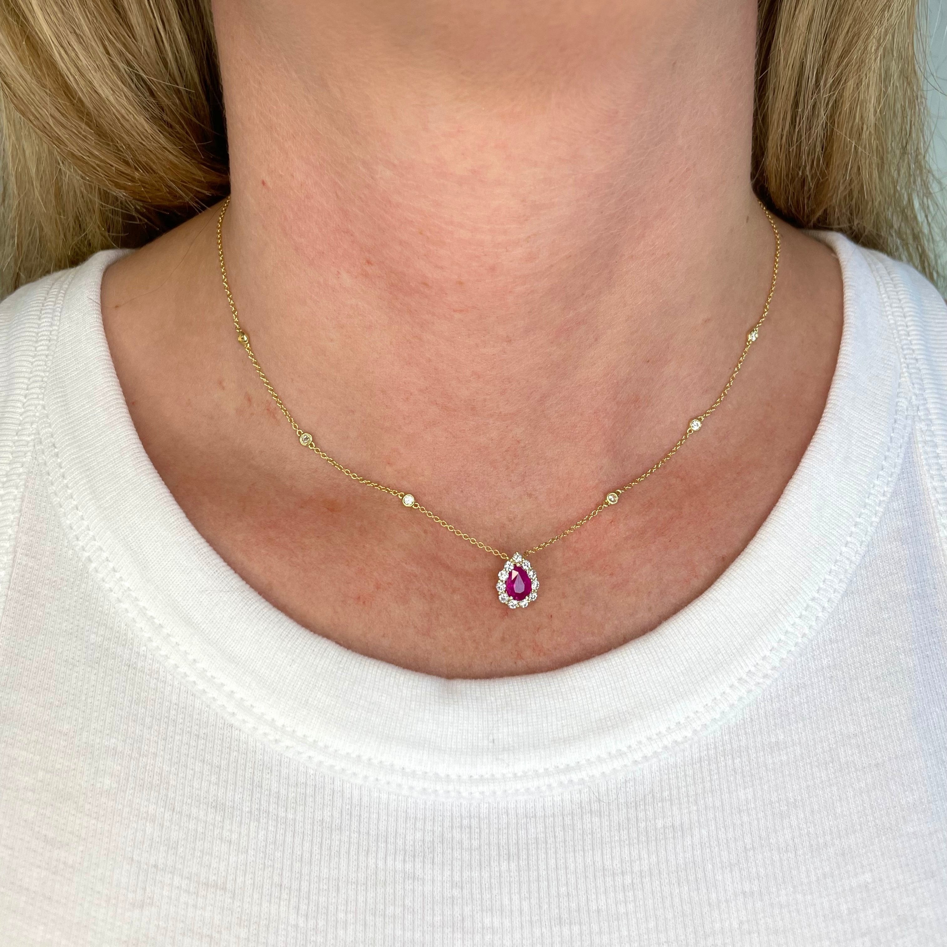 Burma Ruby and Diamond Pear Halo Pendant Diamonds by the Yard Necklace in 18k Gold - Iris + Mill