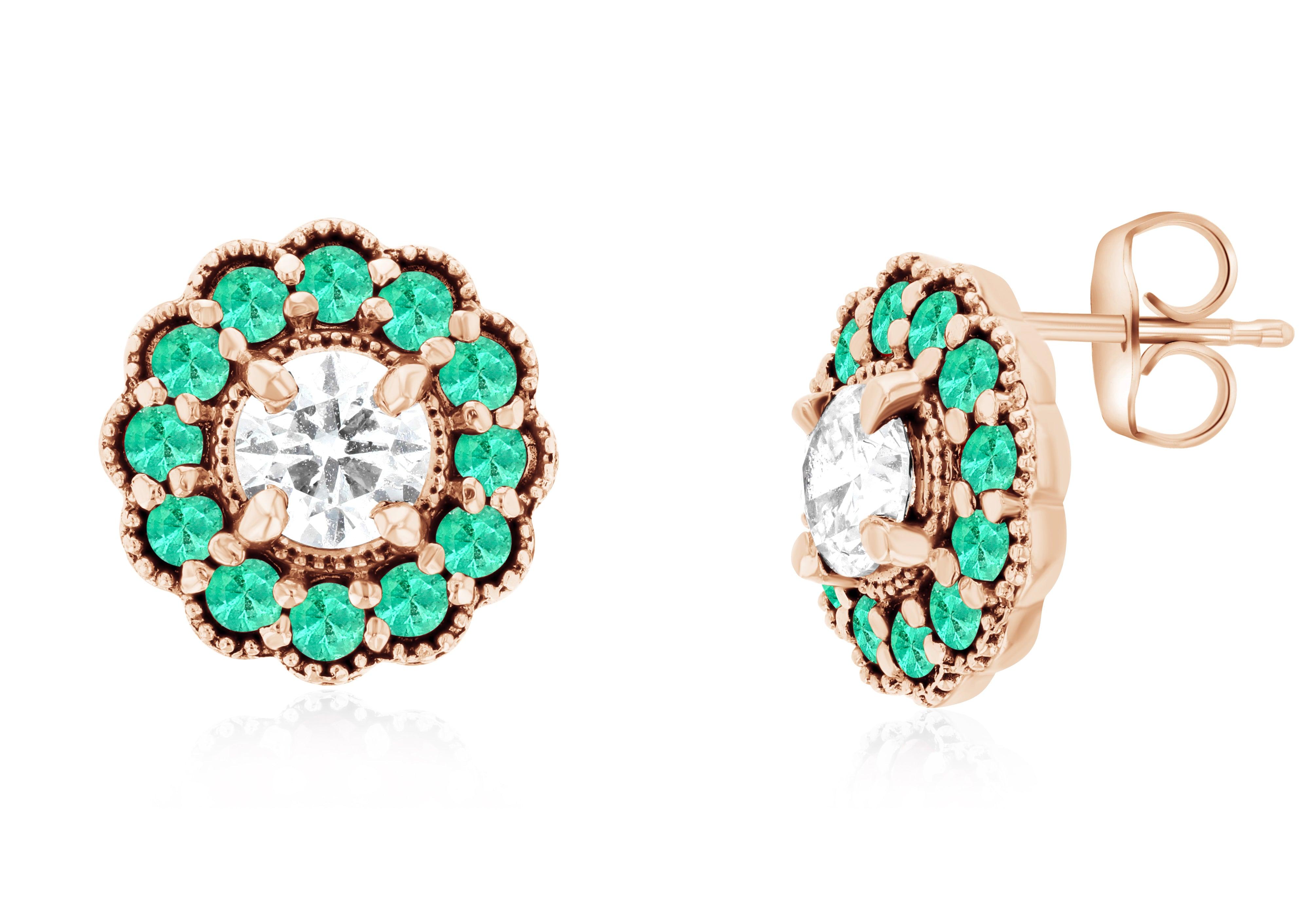 Diamond and Emerald Flower Halo Stud Earrings in 14k Rose Gold - Iris + Mill