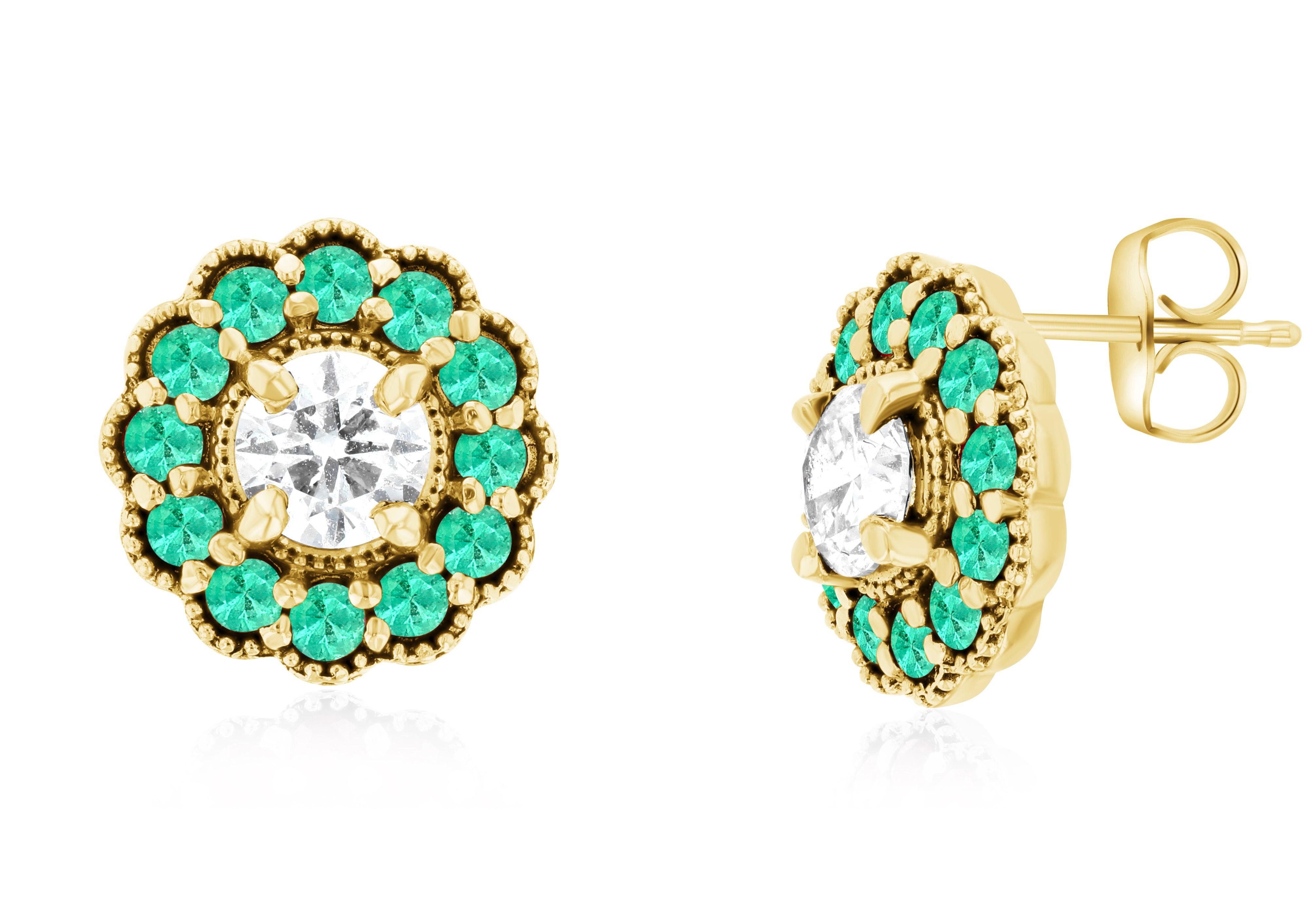 Diamond and Emerald Flower Halo Stud Earrings in 14k Yellow Gold - Iris + Mill