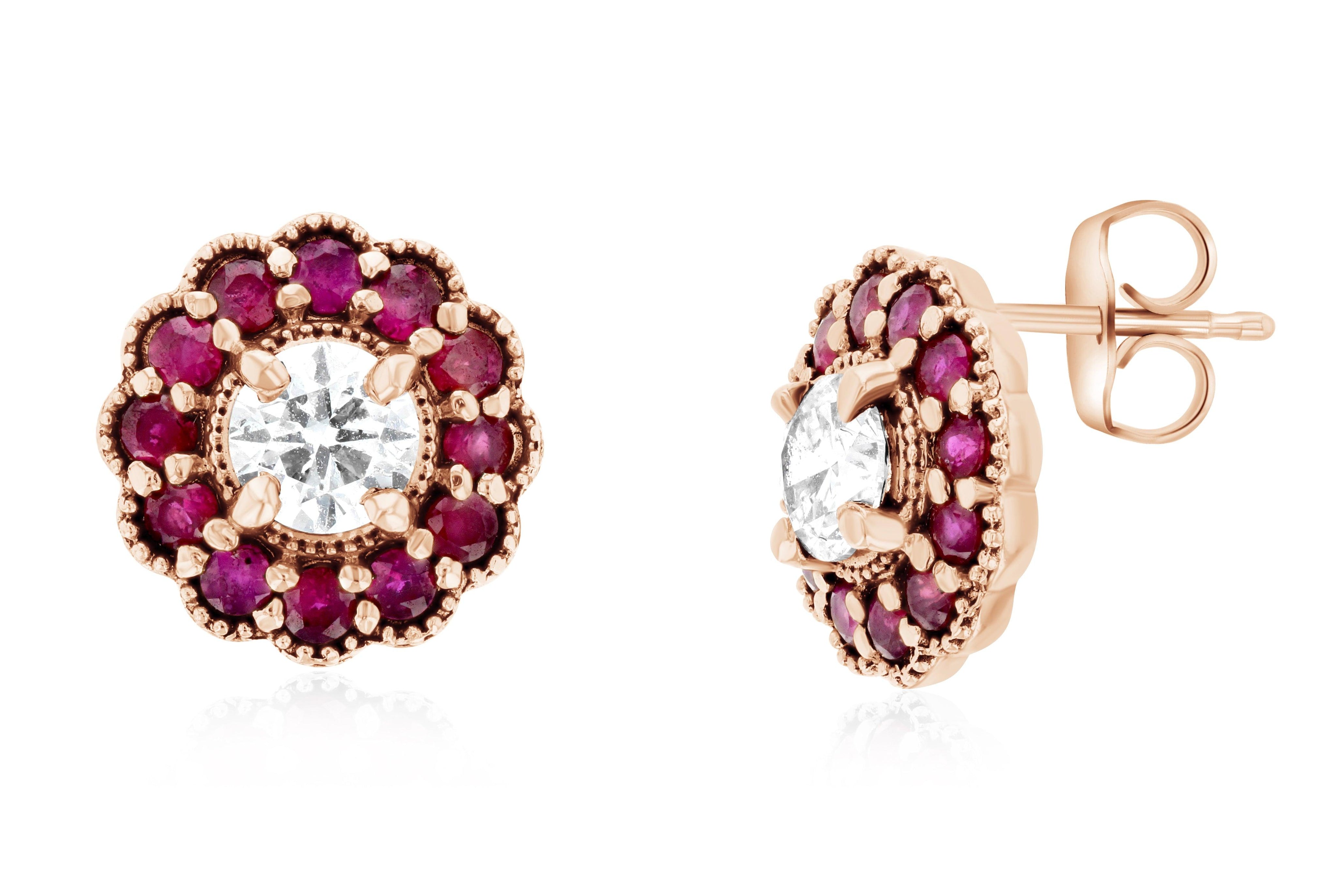 Diamond and Ruby Flower Halo Stud Earrings in 14k Rose Gold - Iris + Mill