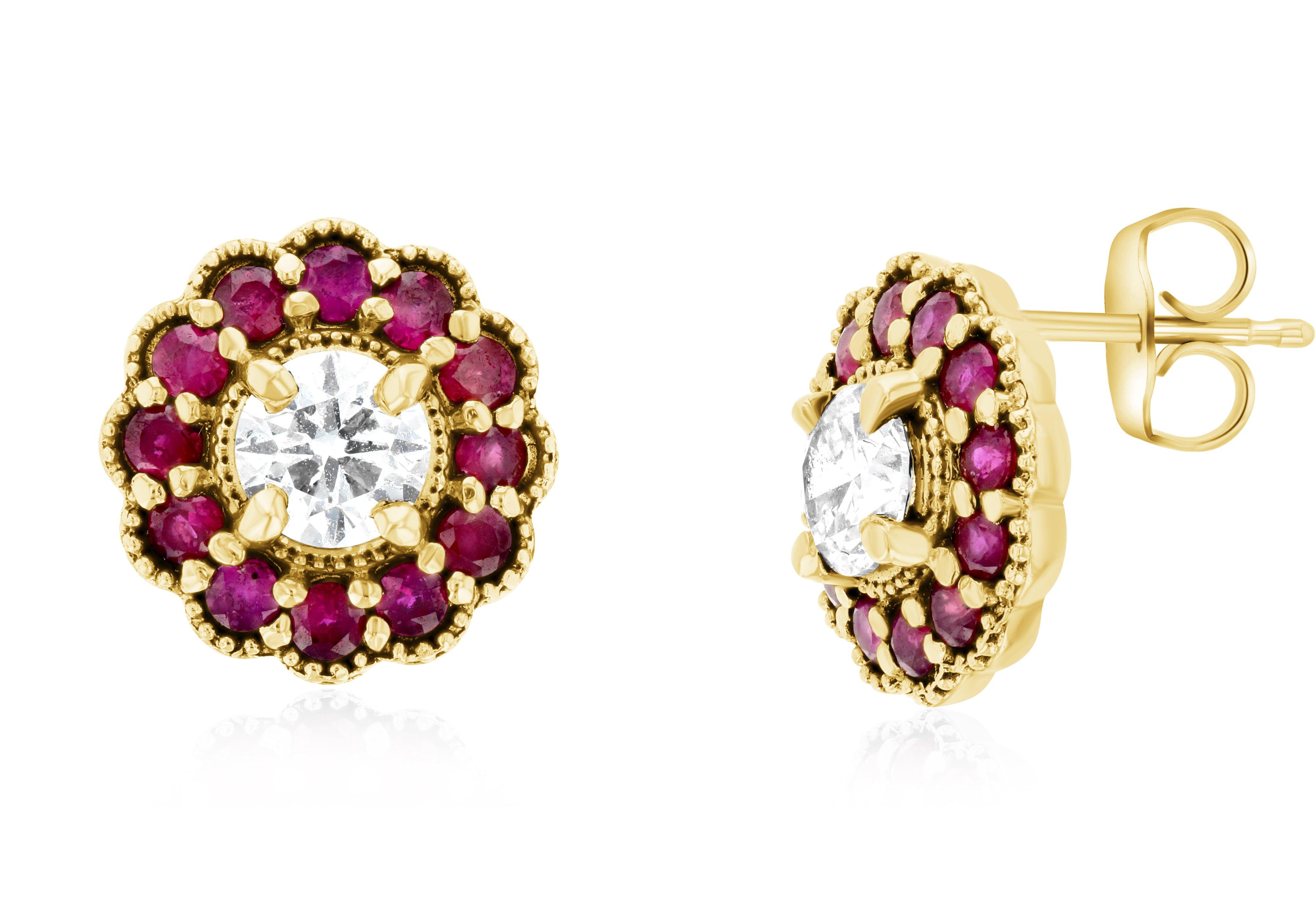 Diamond and Ruby Flower Halo Stud Earrings in 14k Yellow Gold - Iris + Mill