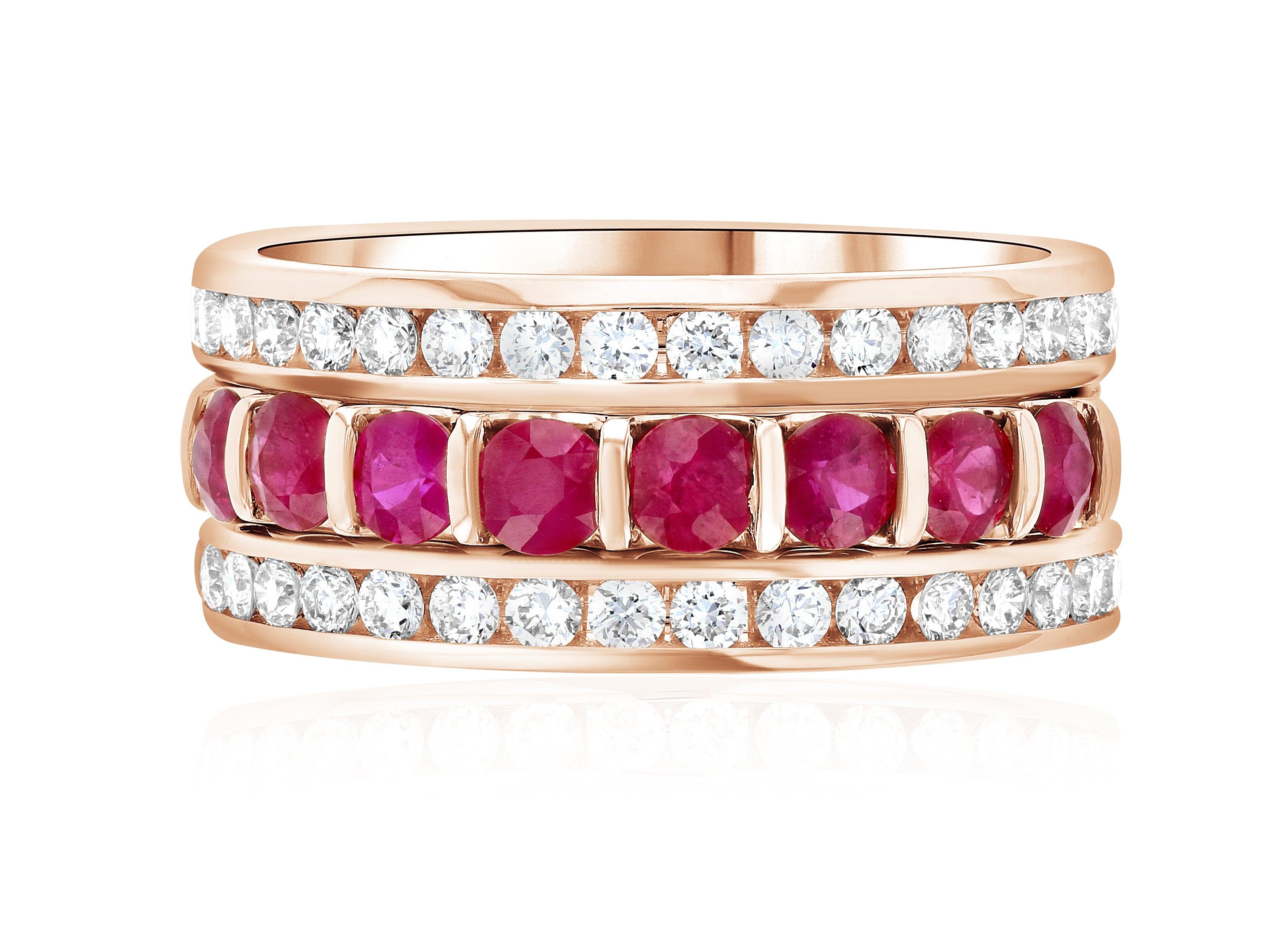 Diamond and Ruby Three-Row Ring Stack in 14k Rose Gold (1.60 ct. tw.) - Iris + Mill