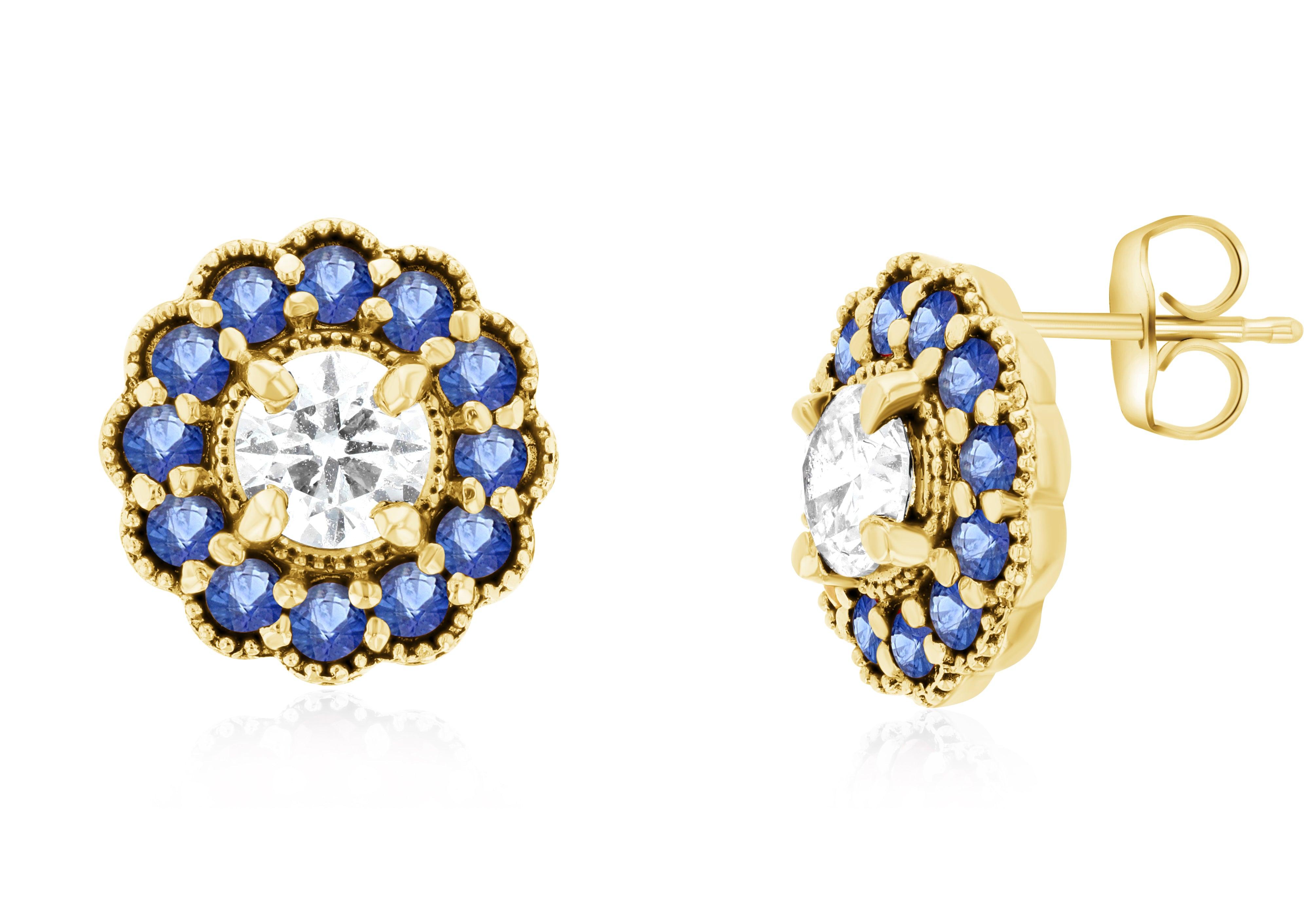 Diamond and Sapphire Flower Halo Stud Earrings in 14k Yellow Gold - Iris + Mill