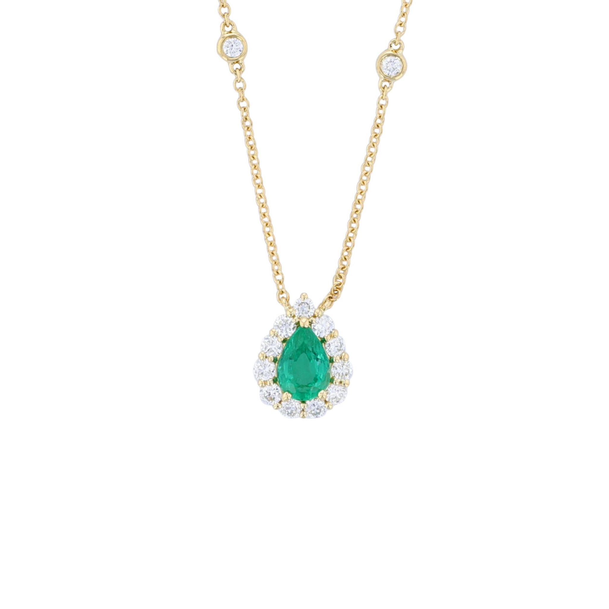 Emerald and Diamond Pear Halo Pendant Diamonds by the Yard Necklace in 18k Gold - Iris + Mill