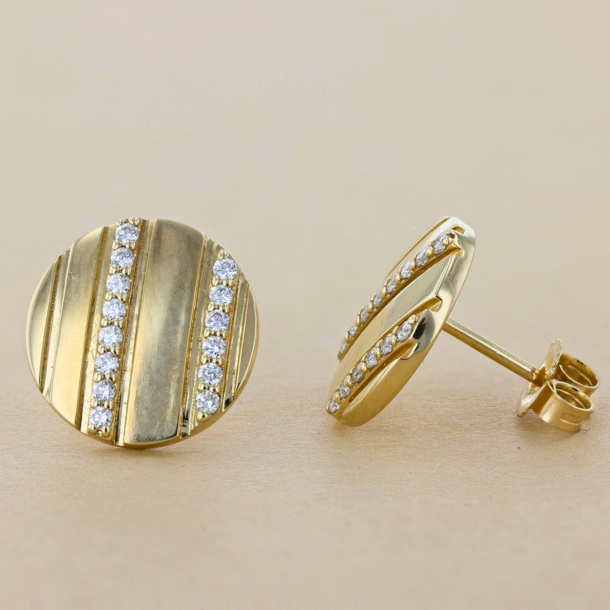 Grooved Circle Diamond Stud Earrings in 14k Yellow Gold - Iris + Mill