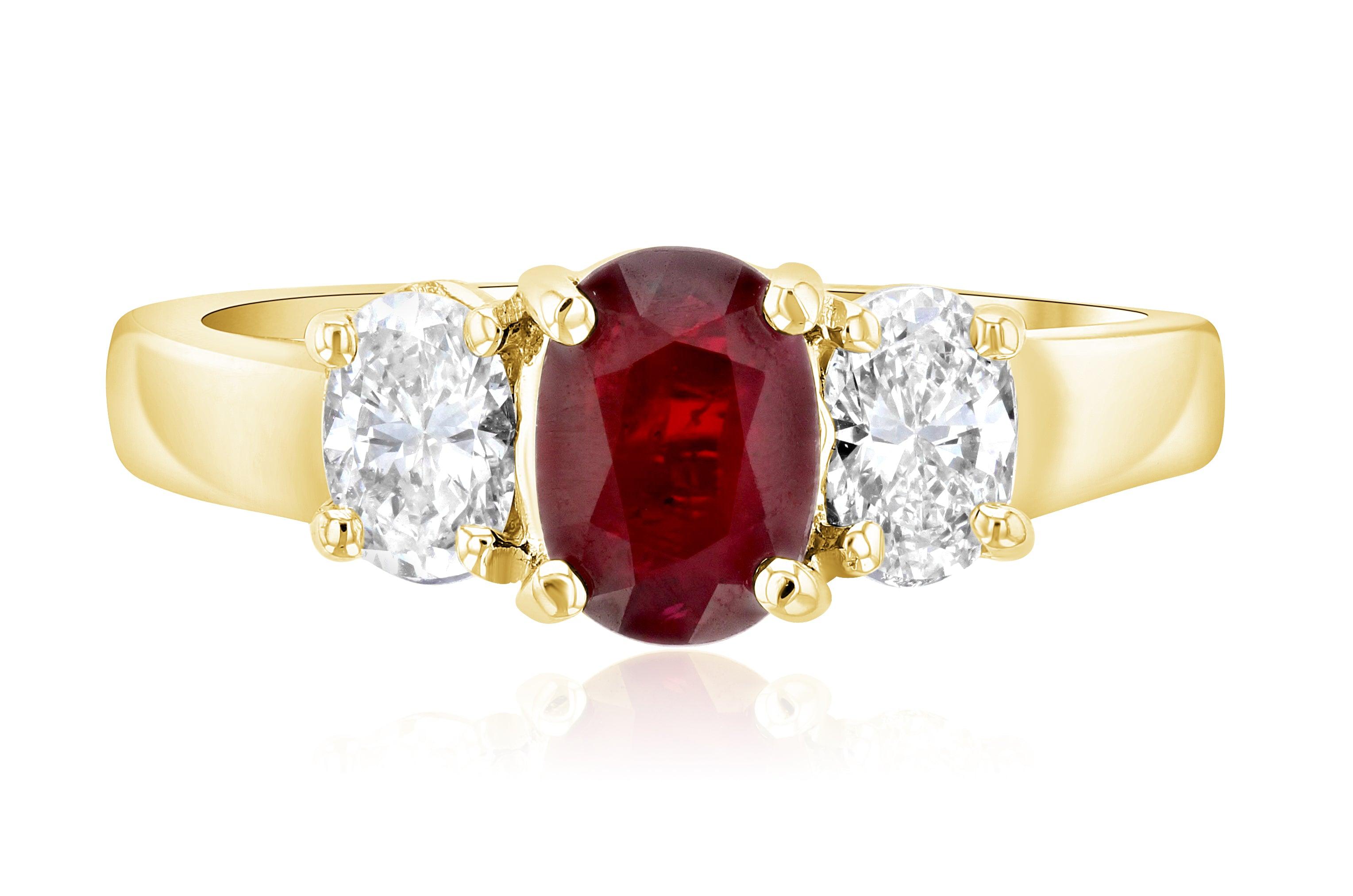 Oval Diamond and Ruby Three-Stone Ring in 14k Yellow Gold (1.65 ct. tw.) - Iris + Mill