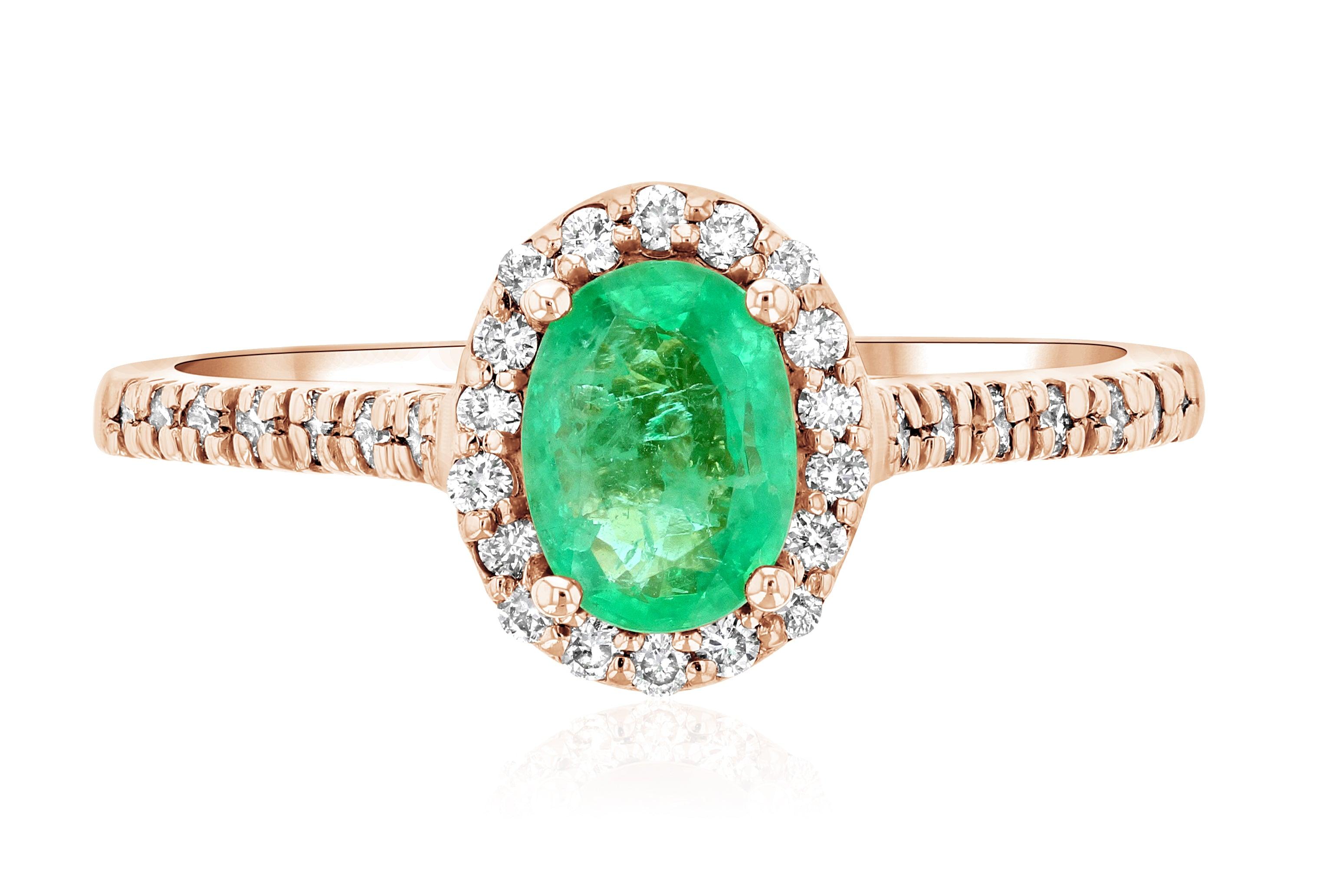 Oval Emerald and Diamond Halo Engagement Ring in 14k Rose Gold - Iris + Mill