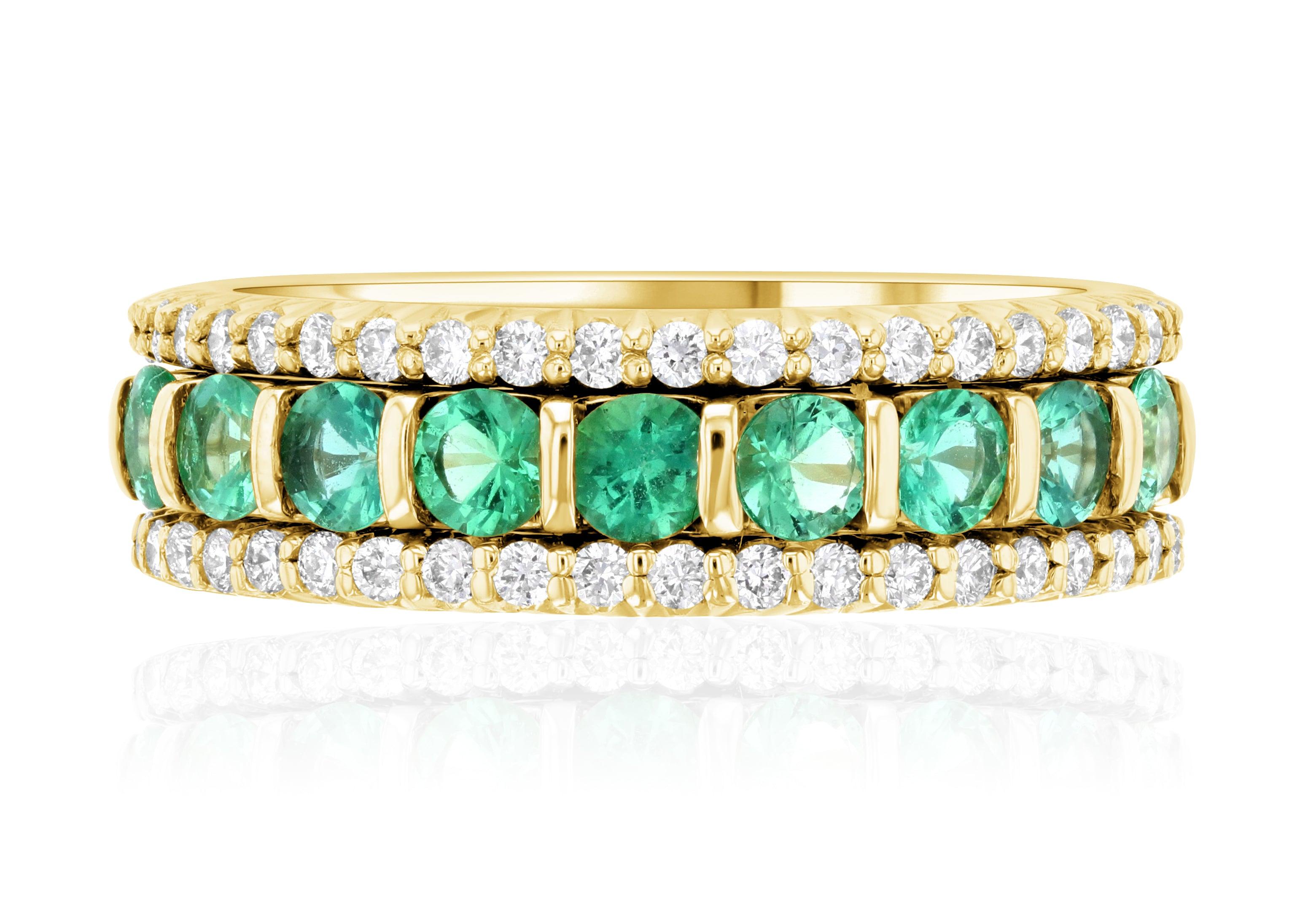 Petite Three-Row Diamond and Emerald Ring Stack in 14k Yellow Gold (1.12 ct. tw.) - Iris + Mill