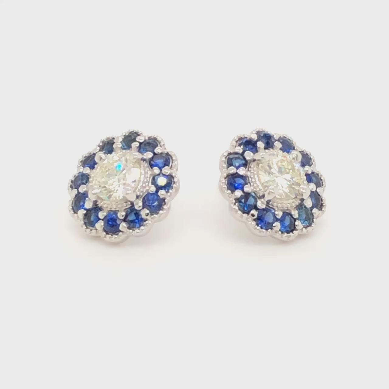 Diamond and Sapphire Flower Halo Stud Earrings in 14k Yellow Gold