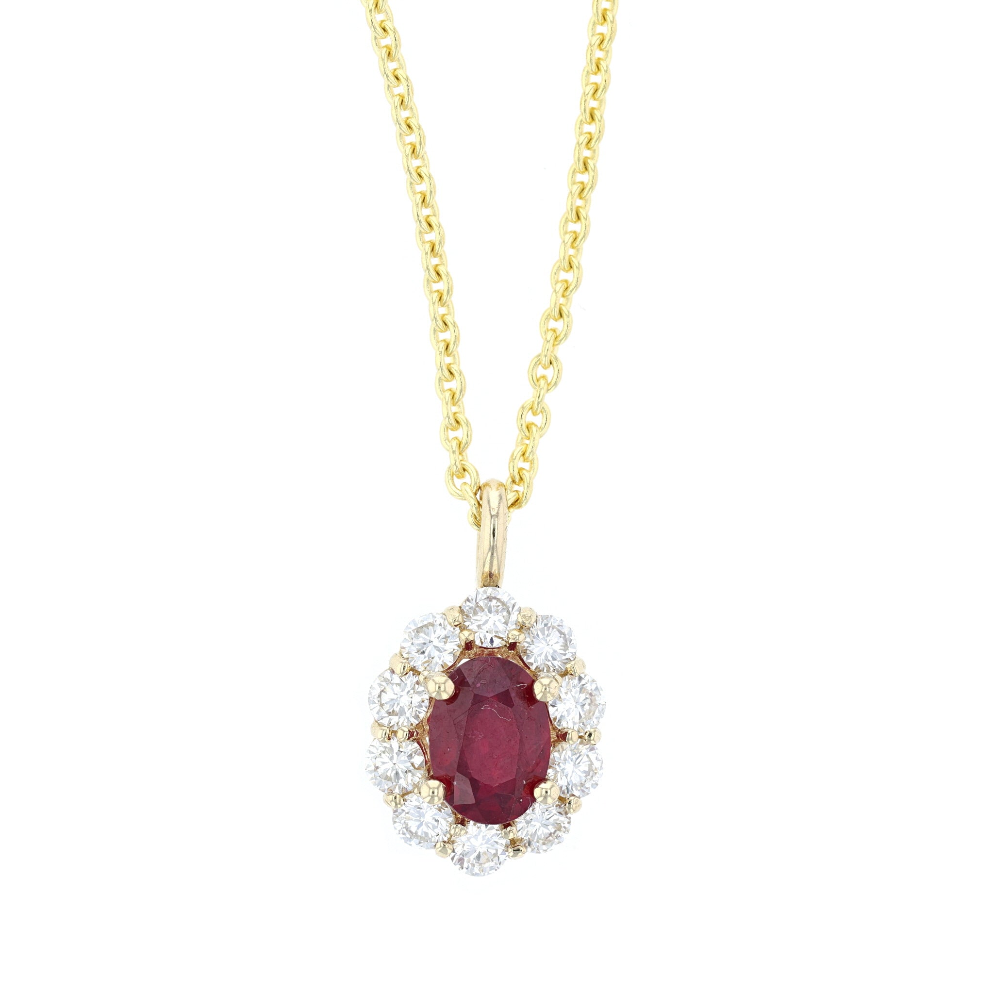 Ruby and Diamond Halo Pendant Necklace in 14k Yellow Gold - Iris + Mill