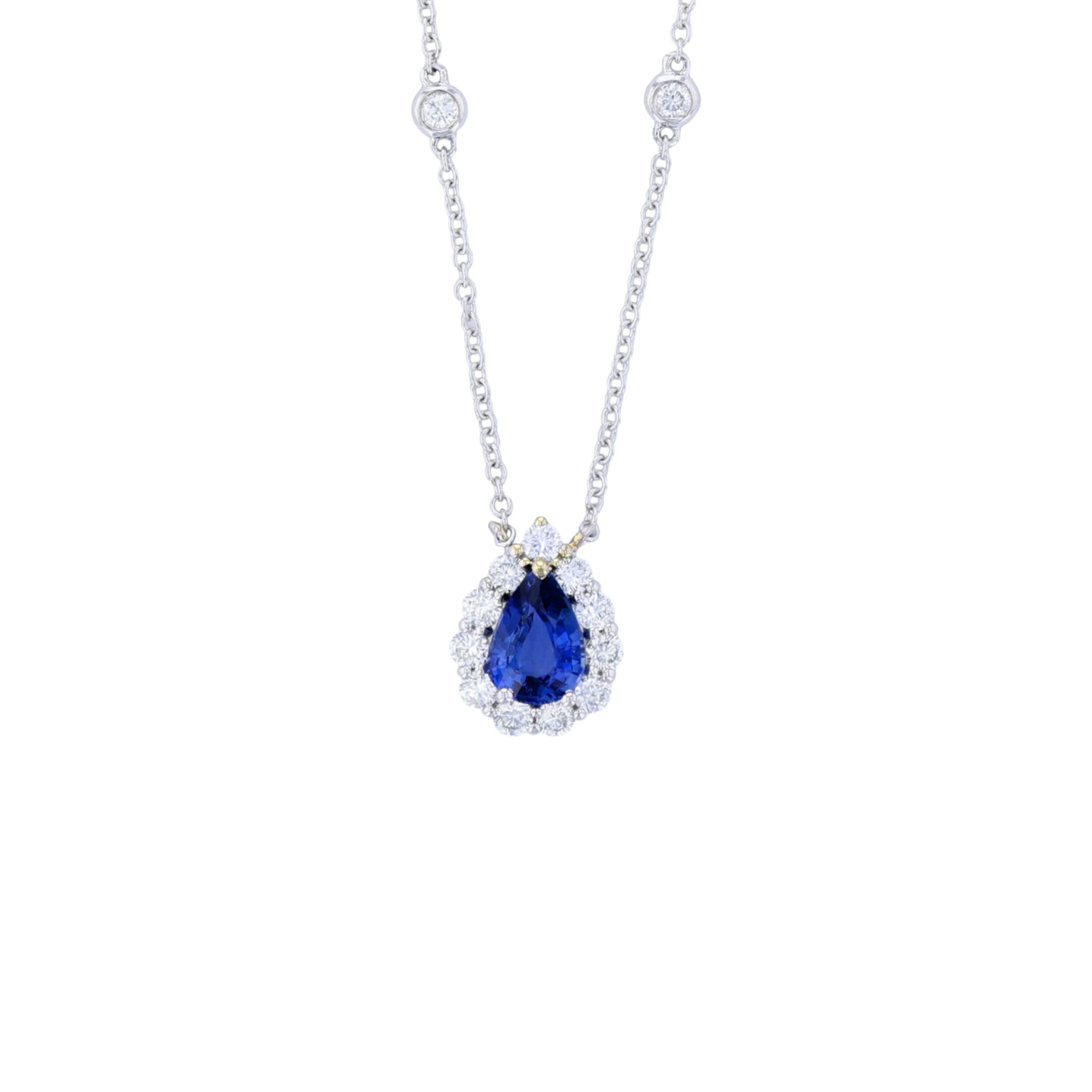 Sapphire and Diamond Pear Halo Pendant Diamonds by the Yard Necklace in 18k Gold - Iris + Mill