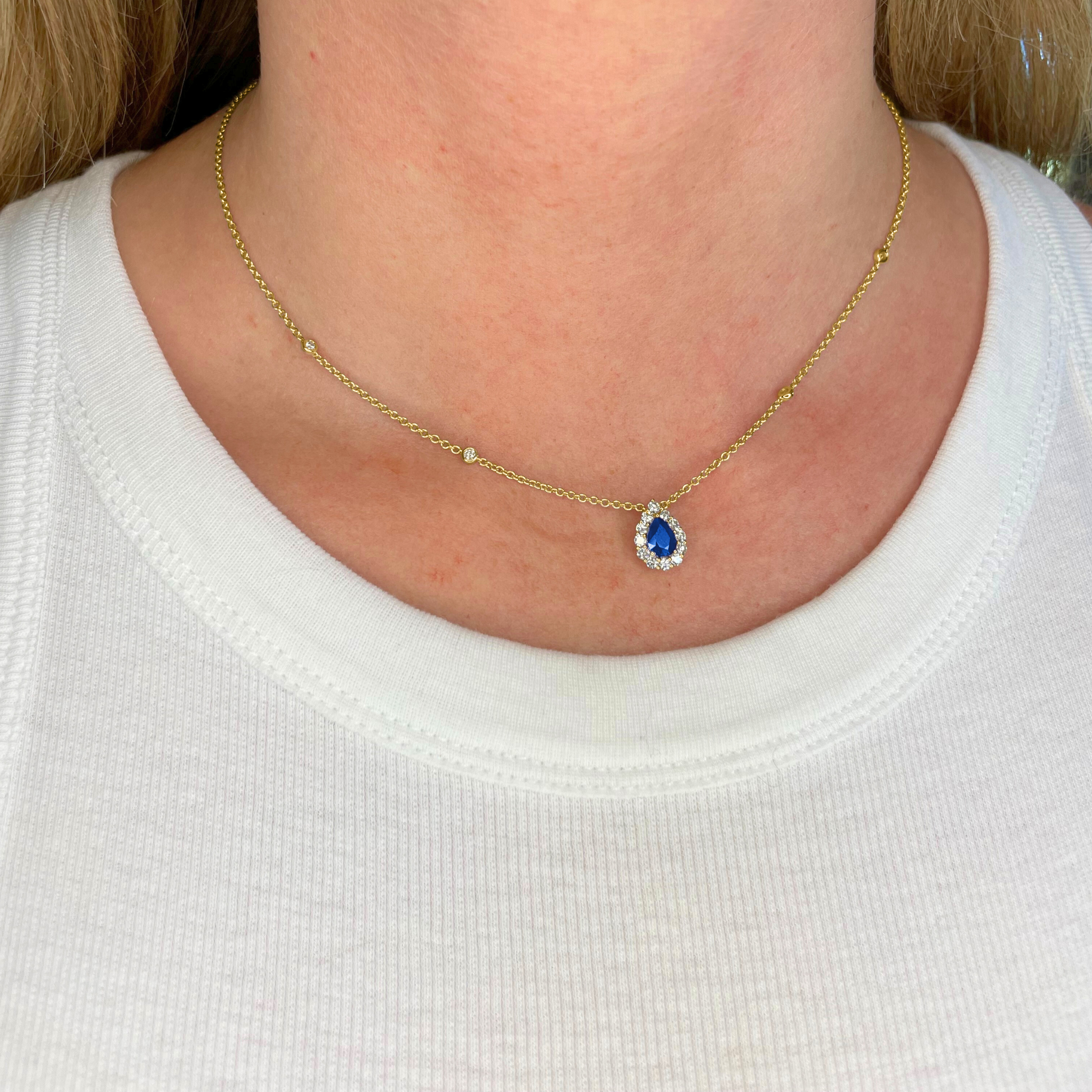 Sapphire and Diamond Pear Halo Pendant Diamonds by the Yard Necklace in 18k Gold - Iris + Mill