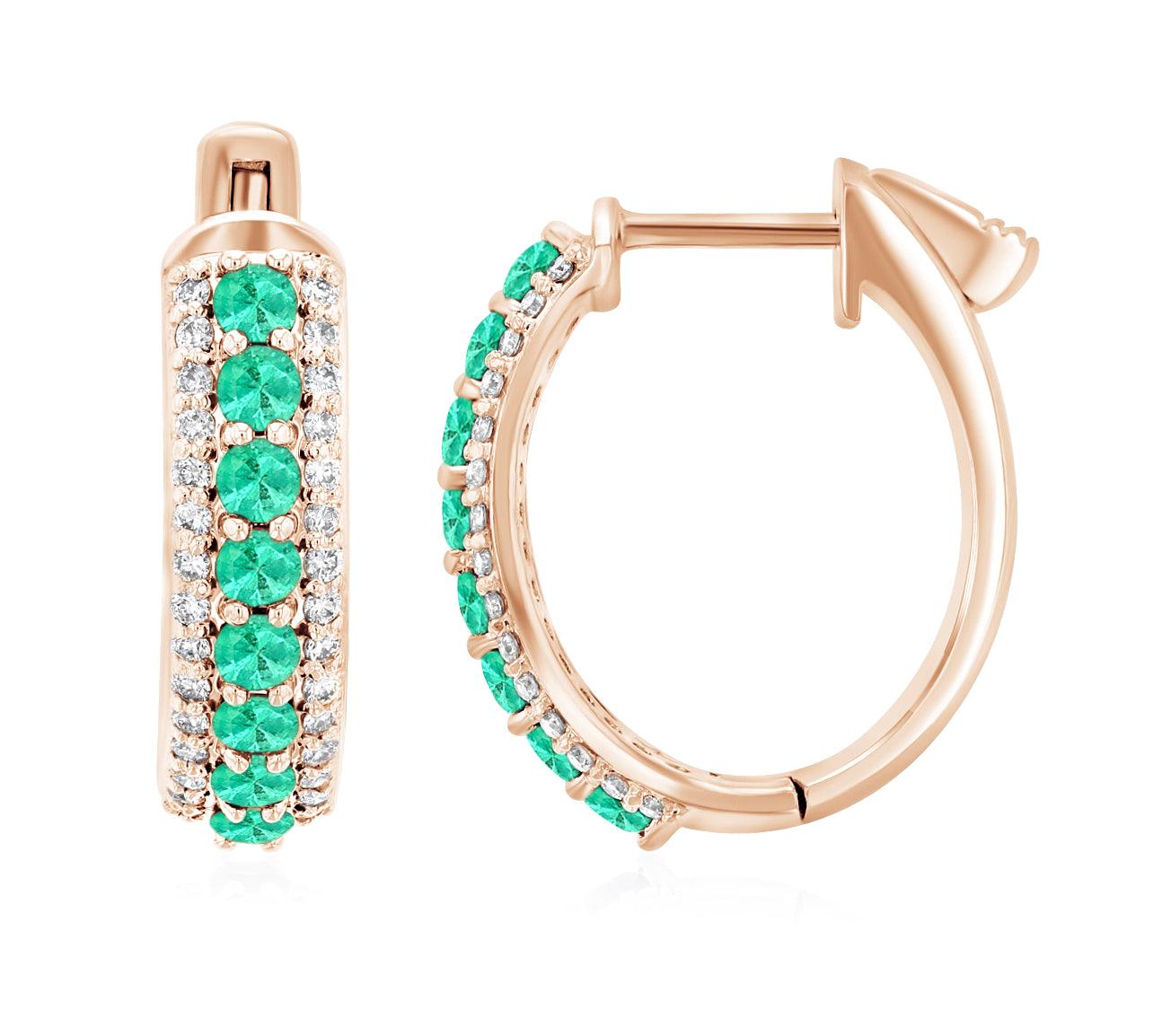 Three-Row Diamond and Emerald Hoop Earrings in 14k Rose Gold (1.20 ct. tw.) - Iris + Mill